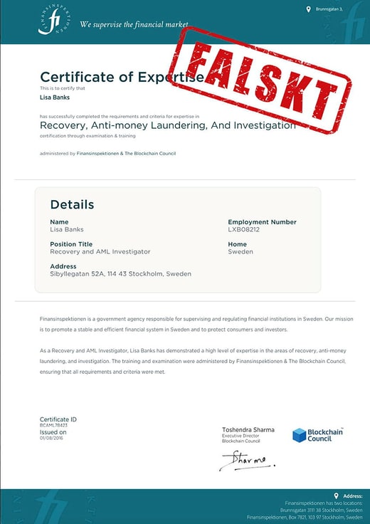 Voici un exemple de faux certificat utilisé par un fraudeur prétendant travailler à l'Autorité de surveillance financière.