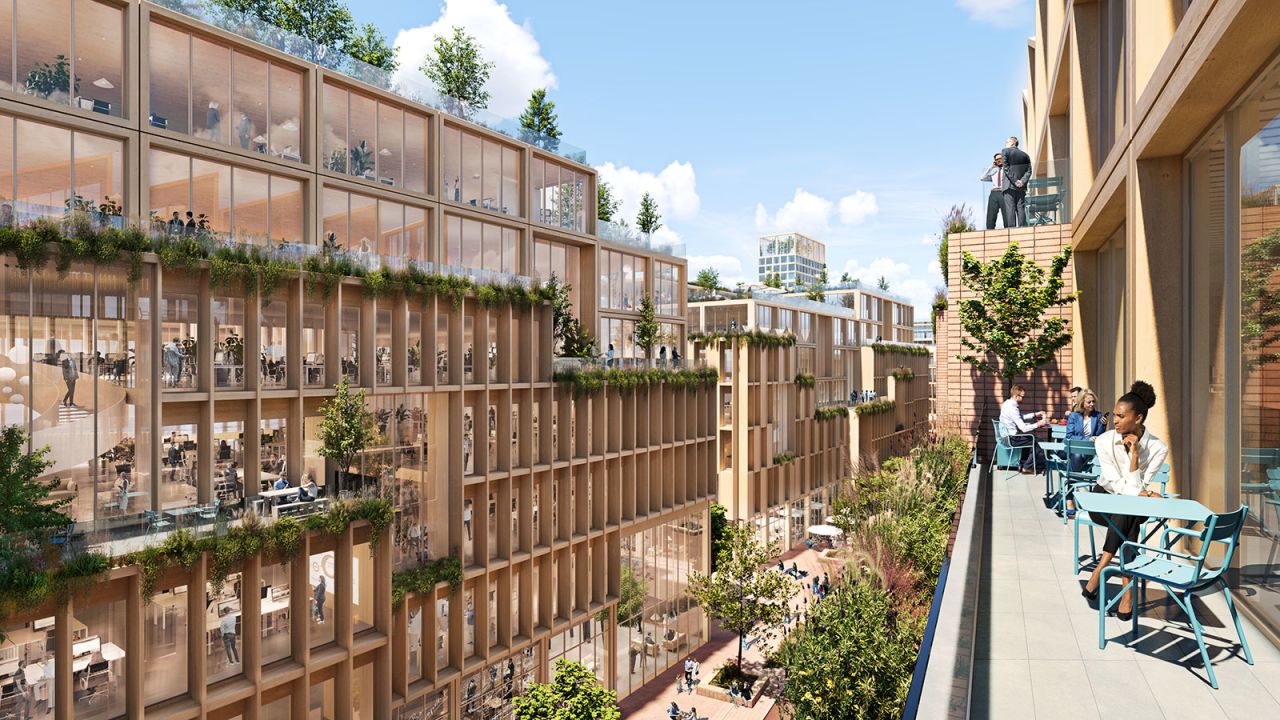 Illustrations de Wood City, le plus grand projet de construction urbaine en bois au monde.