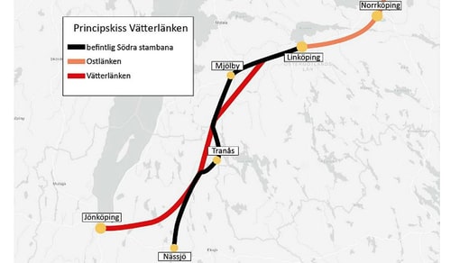 Voici comment le projet Vätterlänken envisage la pose des nouvelles voies. La ligne rouge représente les nouvelles voies, la ligne noire la Southern Main Line existante et la ligne orange la future East Link.