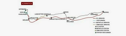 Il s'agit de l'alternative pour une nouvelle ligne ferroviaire entre Göteborg et Borås que l'administration suédoise des transports a présentée l'été dernier et qu'elle a classée en tête de liste. Il s'agit de la variante 2b. L'ancienne ligne de chemin de fer 